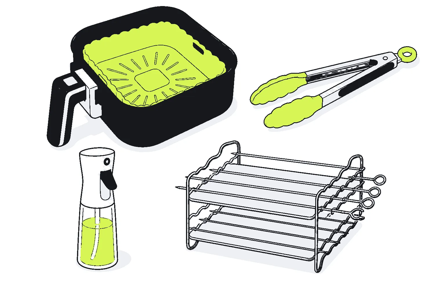 Illustration of air fryer accessories: a silicone basket liner, an oil sprayer, silicone tongs and a skewer rack