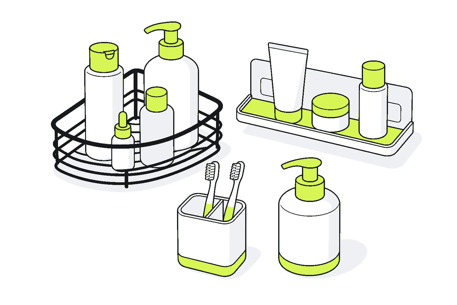 Illustration of bathroom storage: a shower caddy, a counter tray of bottles, a toothbrush holder and a soap dispenser