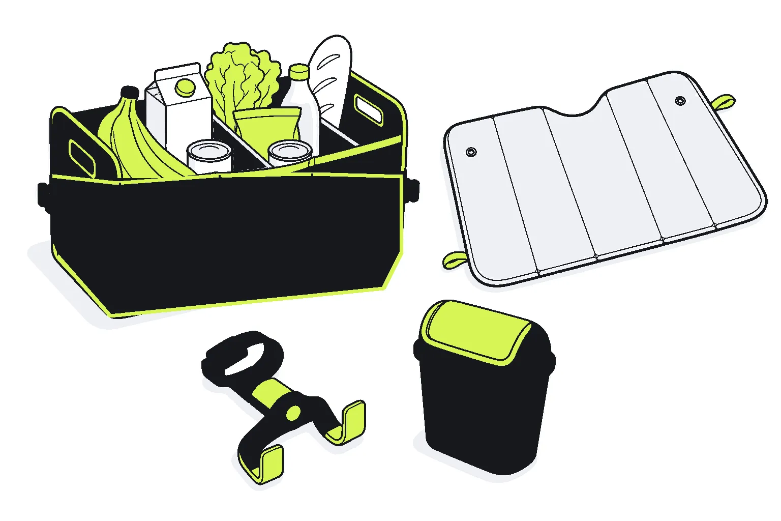 Illustration of car accessories: a collapsible boot organiser holding groceries, a windscreen sunshade, a vent phone mount and a car bin