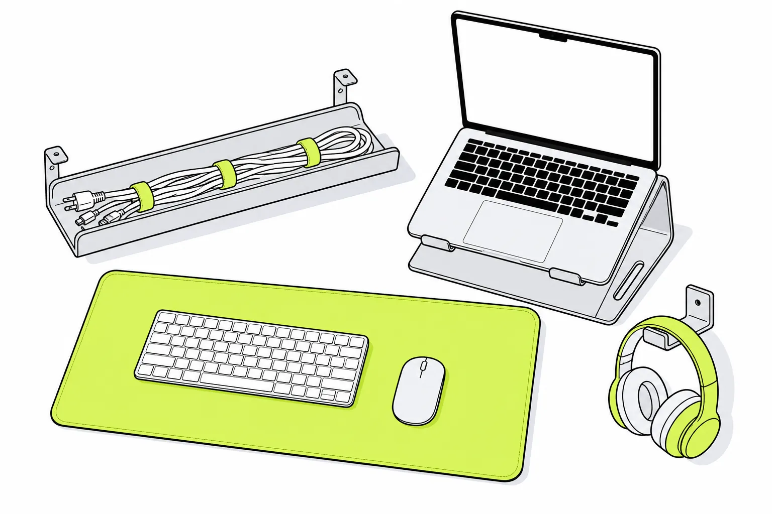 Illustration of desk setup gear: an under-desk cable tray, a laptop on a stand, a desk mat and a headphone hook