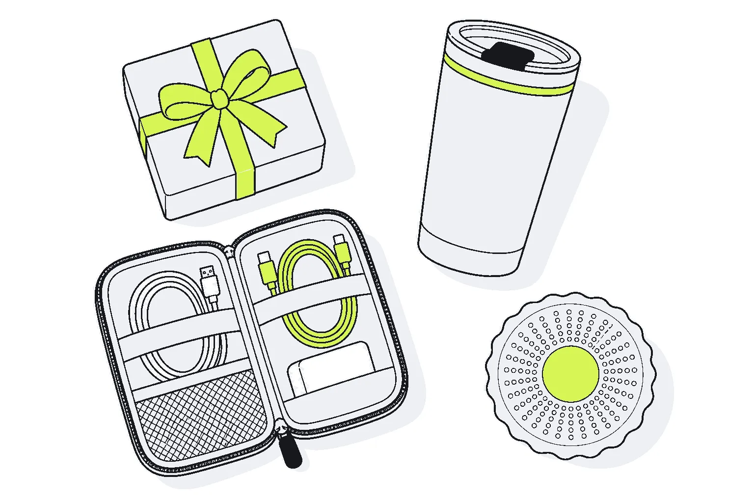 Illustration of useful gifts under R200: a wrapped gift box, an insulated tumbler and a zip-up cable organiser pouch