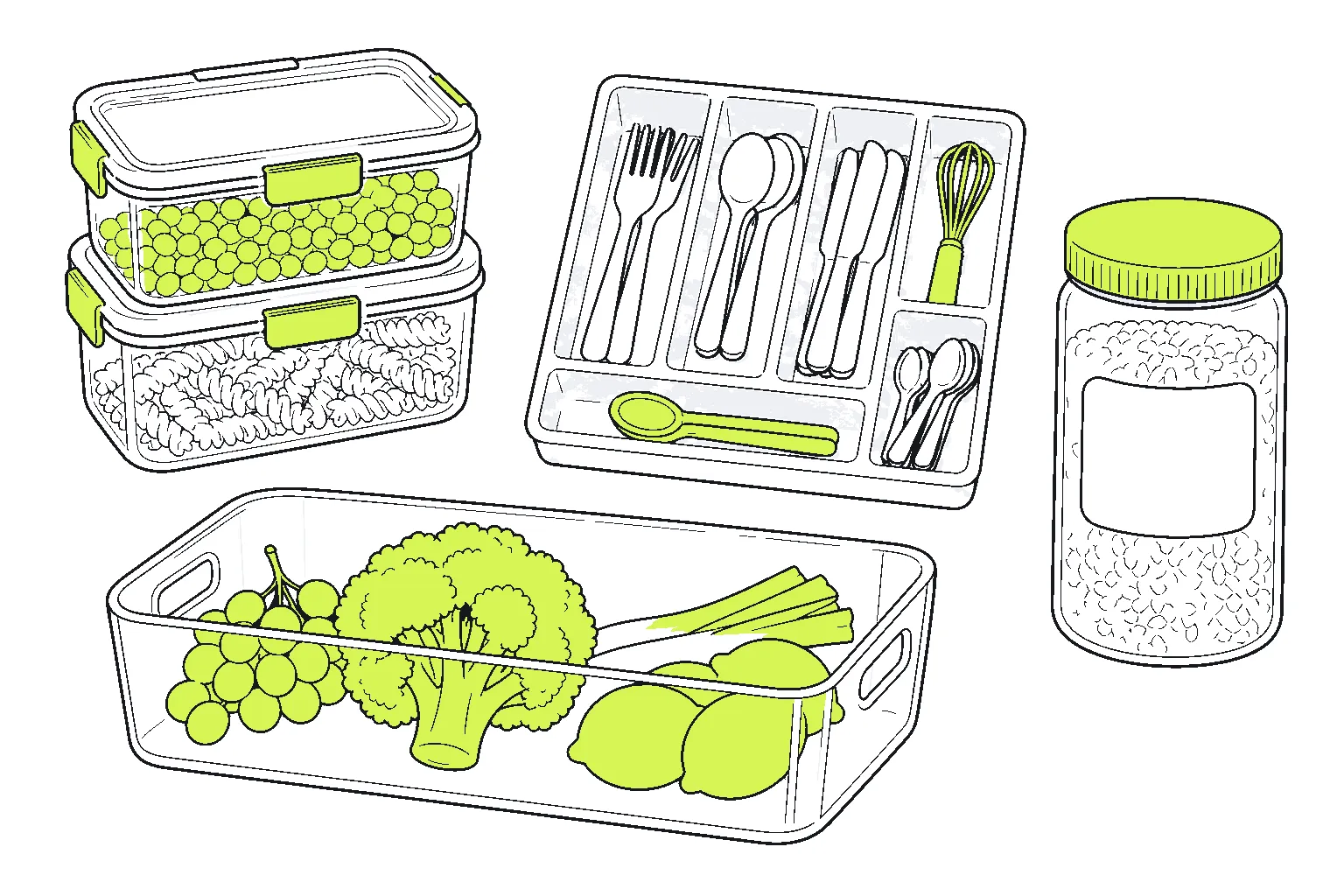 Illustration of home organisation products: stacked airtight food containers, a cutlery drawer tray, a storage jar and a fridge produce bin