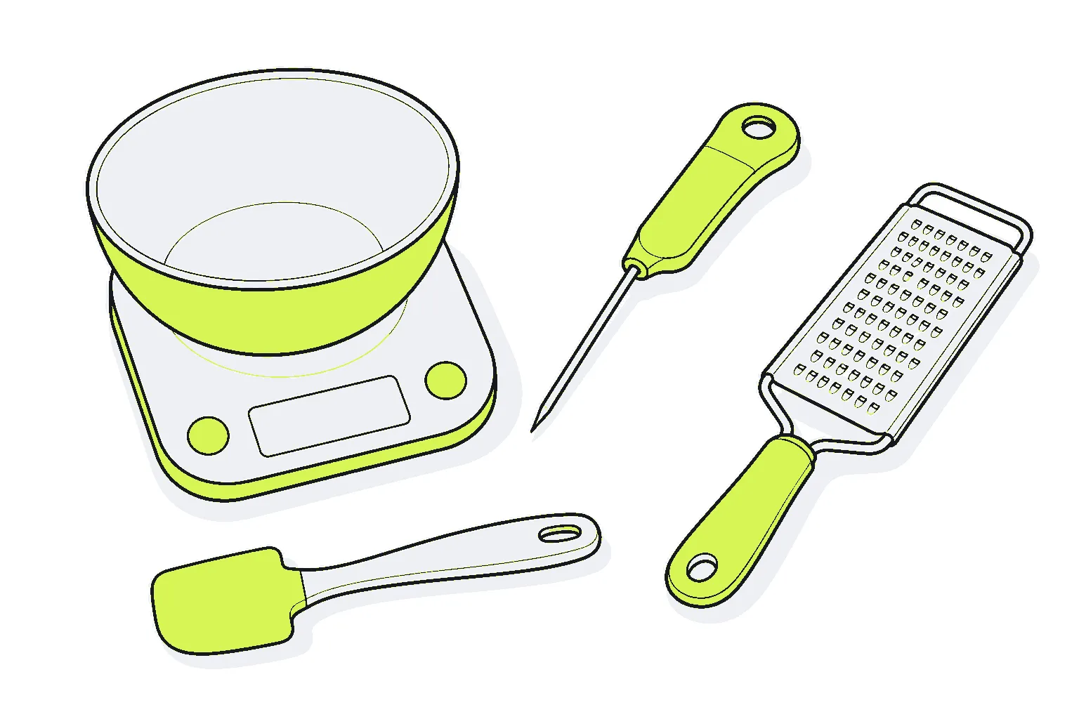 Illustration of kitchen gadgets: a digital kitchen scale with a bowl, an instant-read thermometer, a silicone spatula and a hand grater