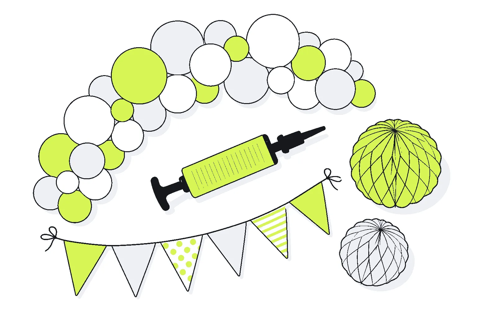 Illustration of party decorations: a balloon garland arch, a hand pump, triangle bunting and paper pom-poms
