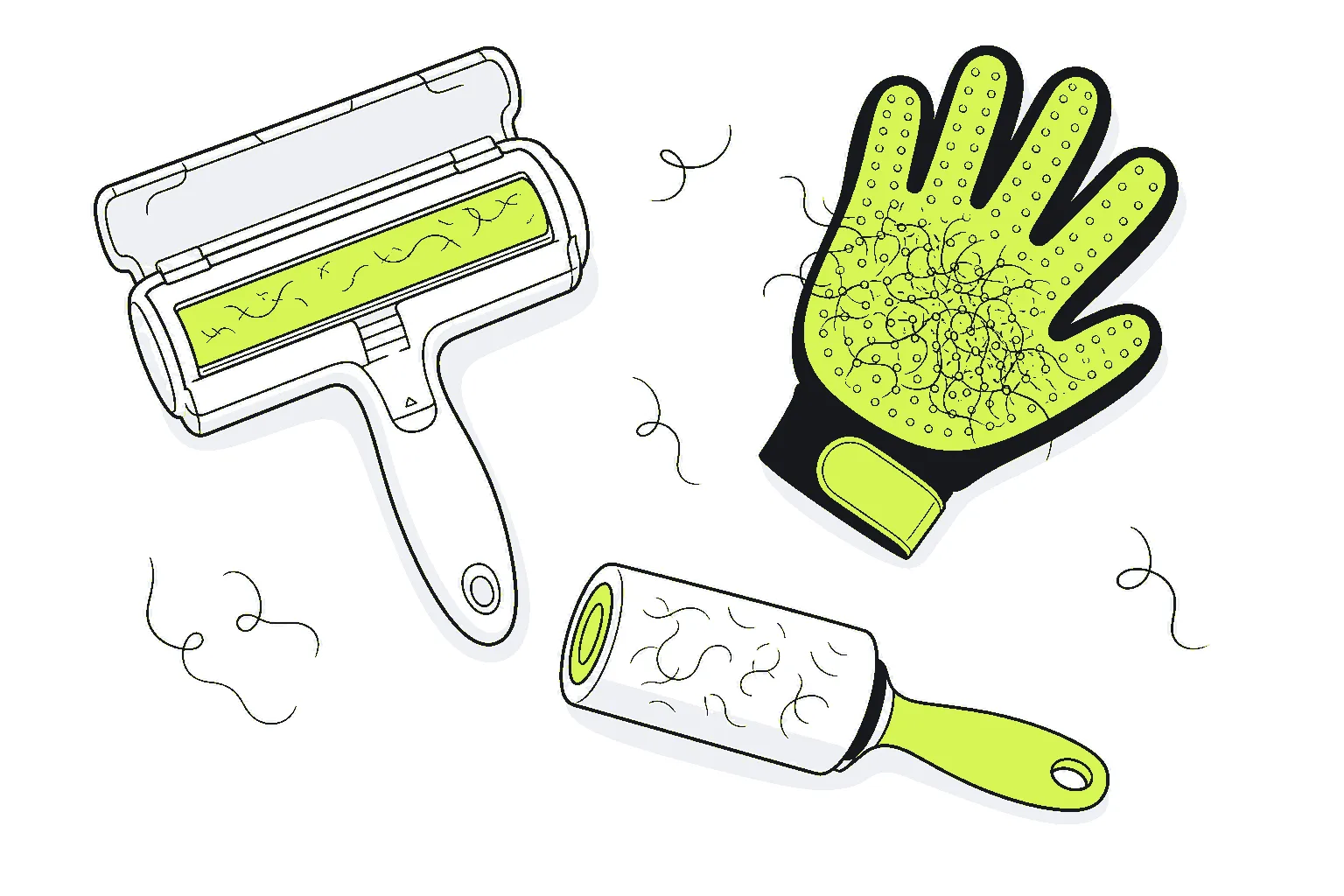 Illustration of pet cleaning tools: a reusable pet-hair roller, a deshedding grooming glove and a sticky lint roller