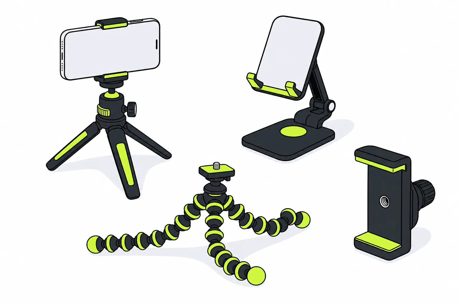 Illustration of phone stands and tripods: a tabletop tripod, a folding desk stand, a flexible tripod and a vent mount