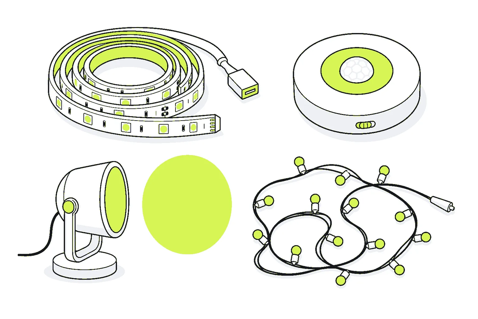 Illustration of room decor lighting: a USB LED strip, a motion-sensor puck light, a sunset projection lamp and USB fairy lights