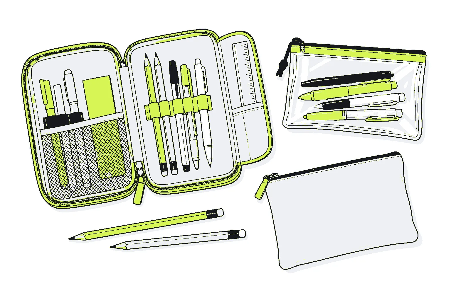 Illustration of school stationery: an open multi-compartment pencil case, a clear exam pouch, a canvas pouch and pencils