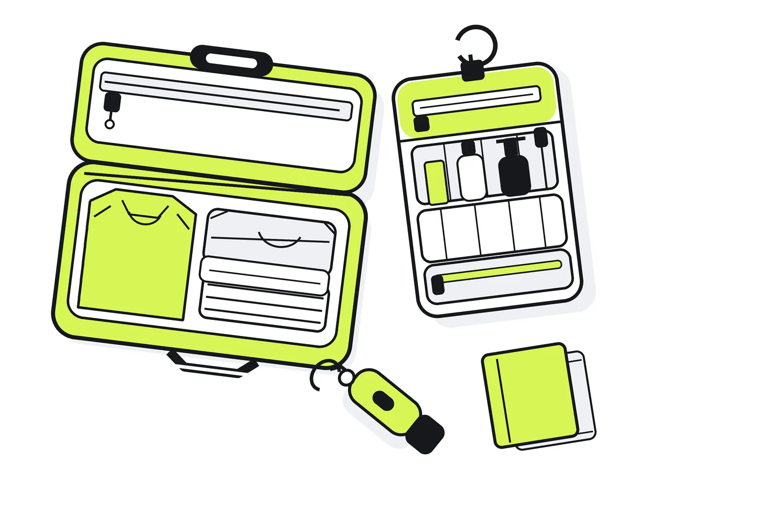 Illustration of travel accessories: packing cubes, a hanging toiletry bag, a luggage scale and a passport wallet